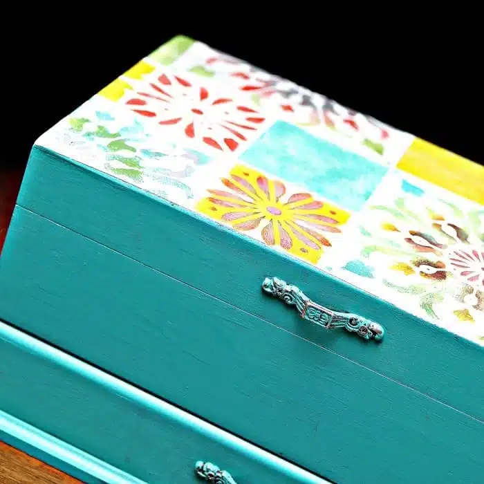 colorful turquoise jewelry box with flower tile stencil design