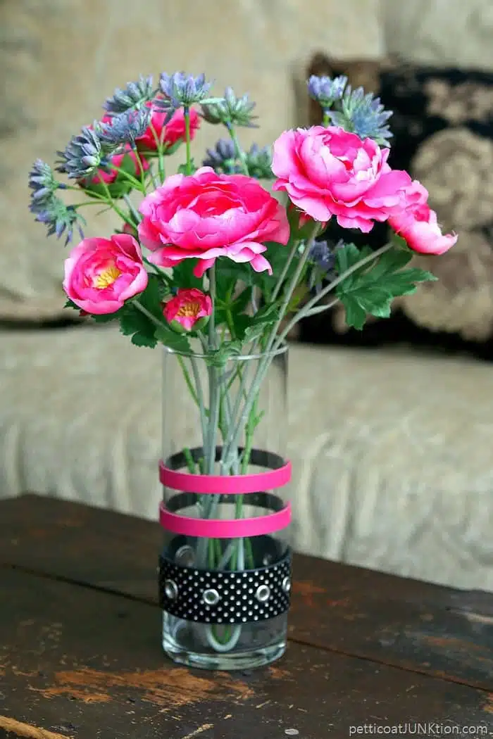 flower vase decorated with recycled belts