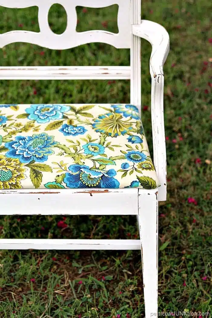turquoise and blue floral fabric design updates a thrifty 10 dollar chair