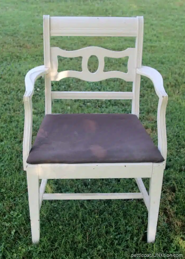white chair for makeover with distressed paint and new fabric seat