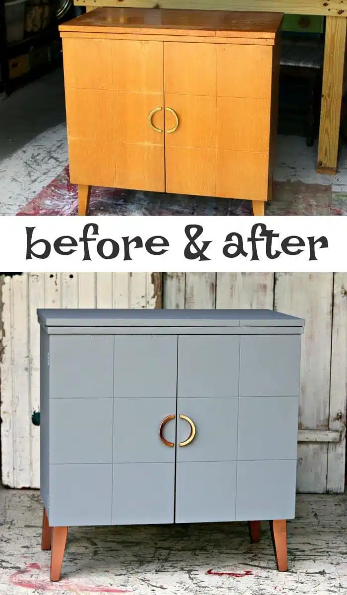 Metallic Copper and Gray painted furniture makeover with before and after photos and complete tutorial