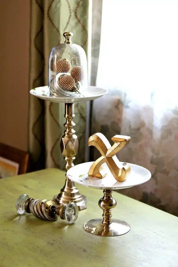 serving stands using Pier One plates and brass candlesticks