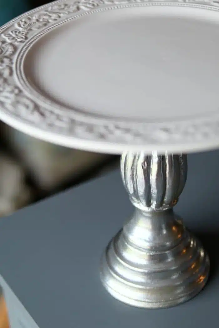 diy platter from candlestick and white dinner plate