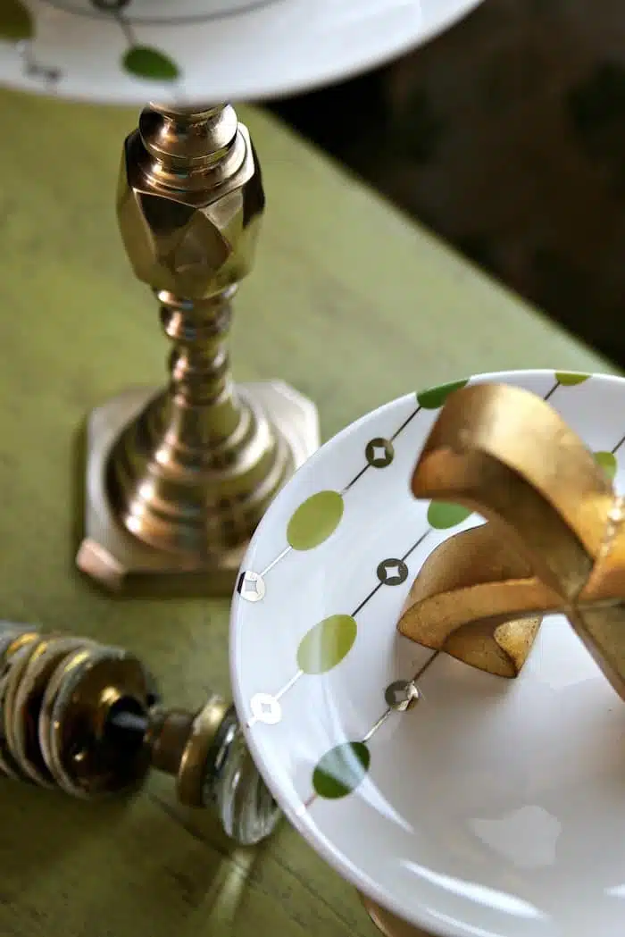 serving platters or display stands made from Pier1 salad plates and brass candlesticks