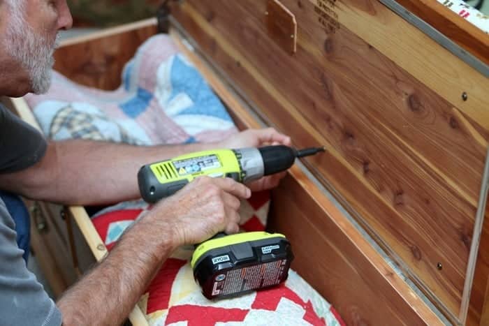 using drill to replace top on Lane cedar chest using drill to replace top on Lane cedar chest