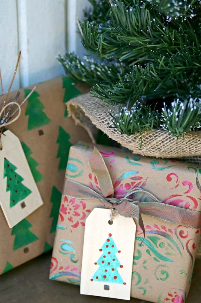 DIY Holiday Gift Tags And Wrapping Paper stenciled with Handmade Charlotte paisley design