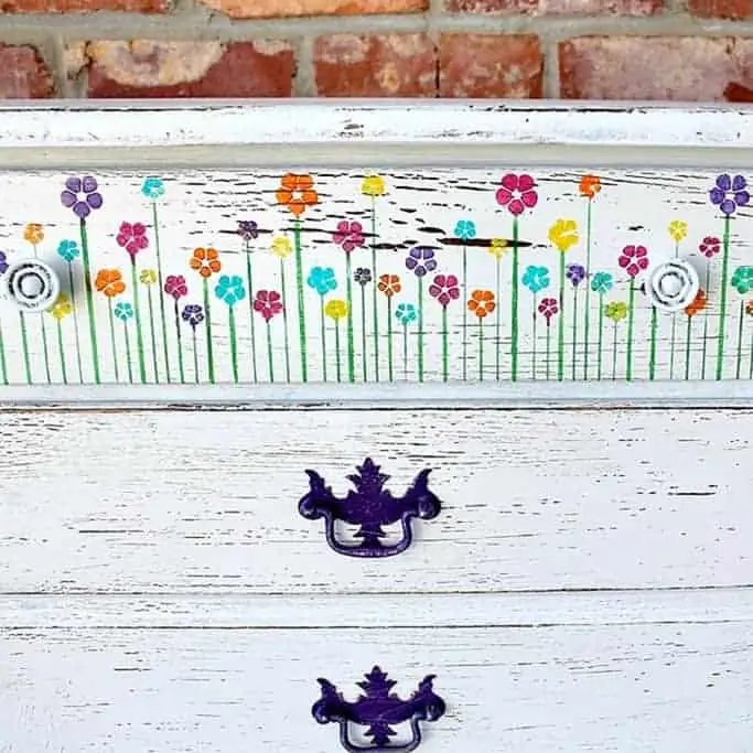 how to stencil colorful flowers on furniture