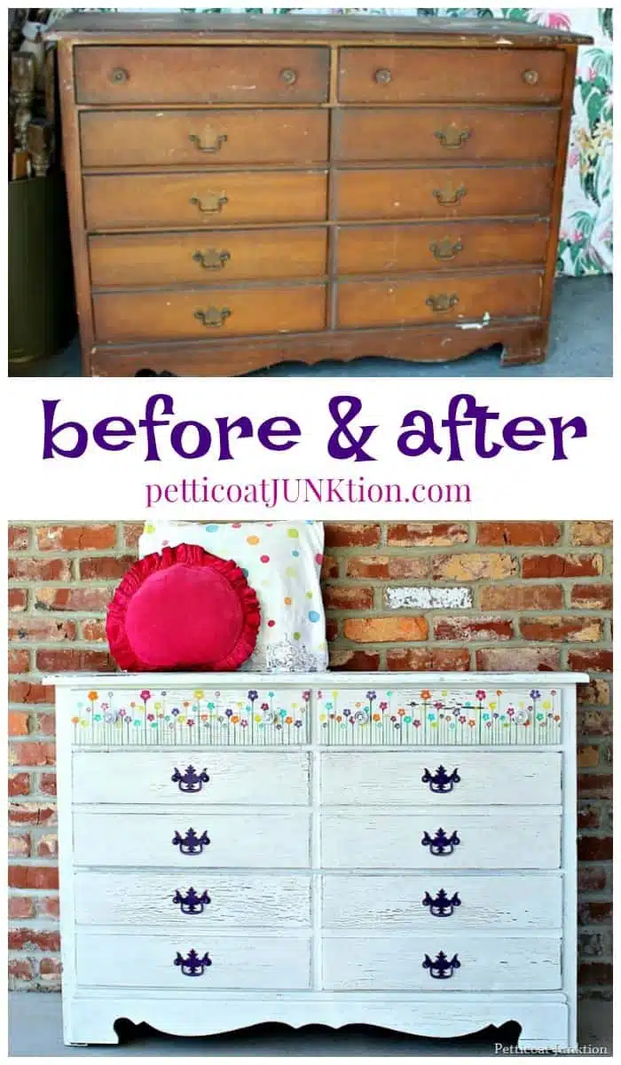 Paint a dresser white and stencil pretty blooming flowers on the drawers