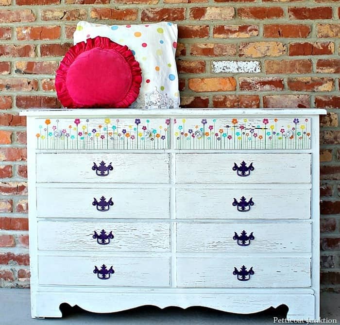 Purple Paint And Blooming Flowers for this dresser painted white