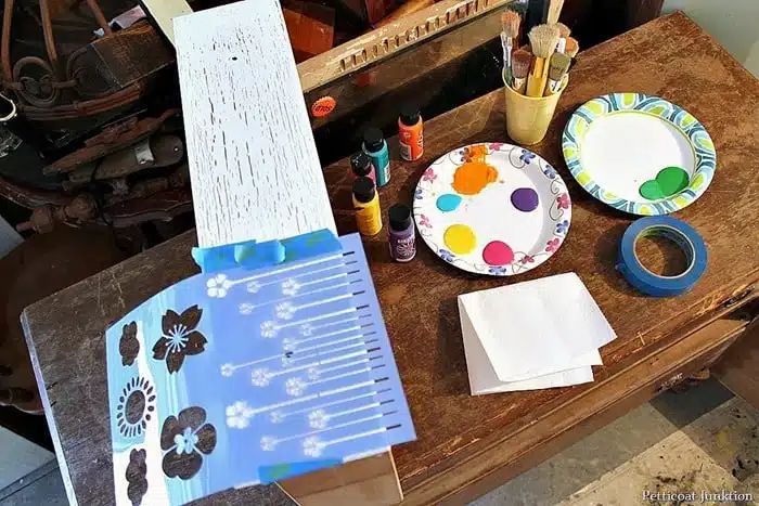 mylar stencils and acrylic paints for stencil project blooming flowers