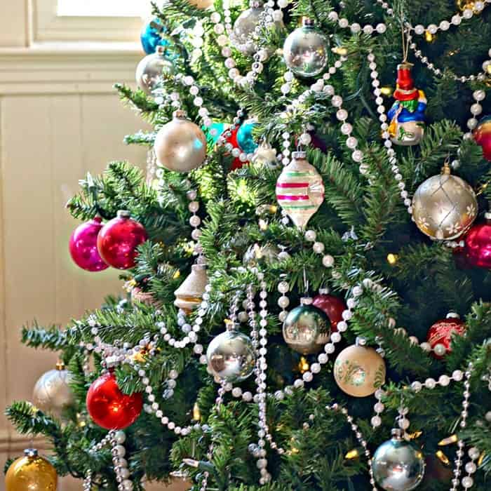 Tinsel Christmas Tree with Vintage Shiny Brite Ornaments