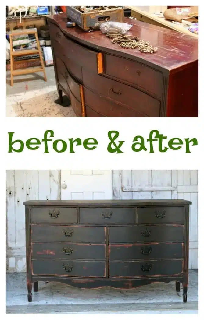 paint furniture black and distress the paint then apply dark wax to raw wood