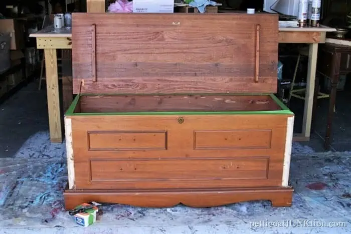 old cedar chest to paint with white paint and leave the stained top as is
