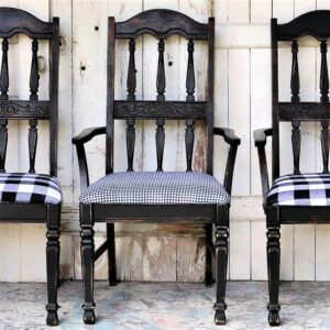 black chairs with black and white check fabric covers