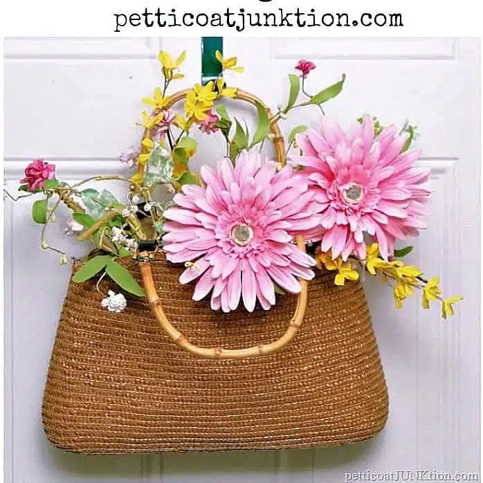 Spring Door Decor with a Straw Purse from the Thrift Store