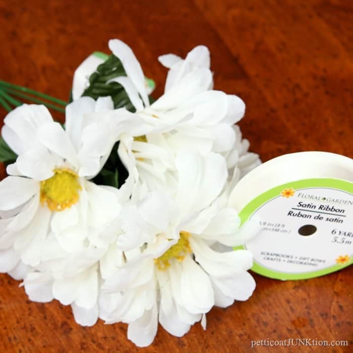 white ribbon and flowers from Dollar Tree