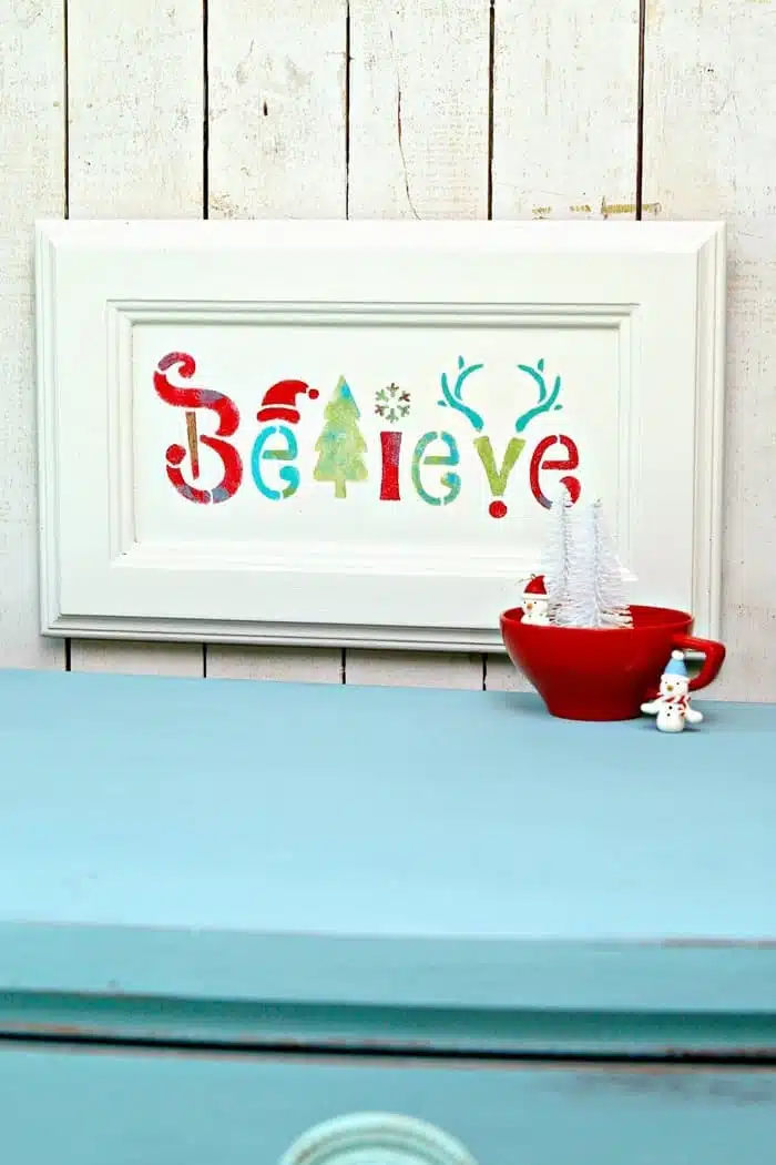 stenciled wall decor with Believe for Christmas or holiday