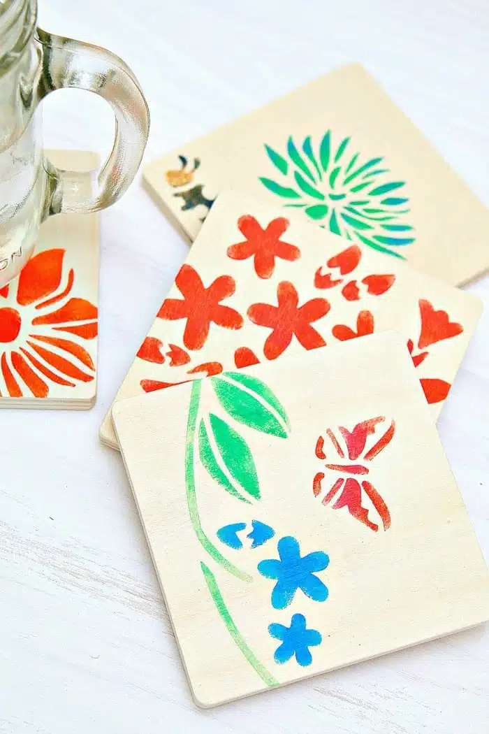 Wood Coasters stenciled with Martha Stewart Acrylic Paint and Stencils