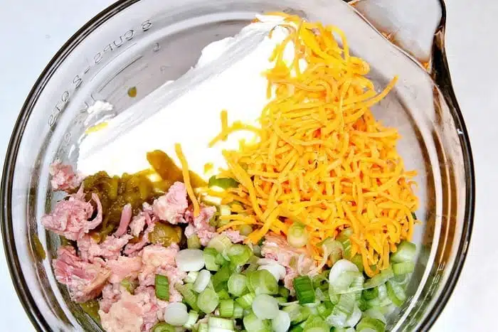 Ingredients for making the cheesy green chile ham dip 