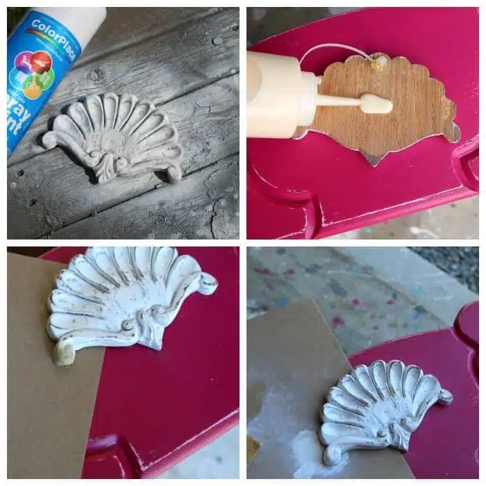 wood shell applique for furniture painted with white spray paint