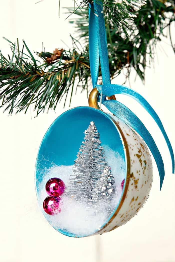 Teacup Christmas Tree Ornament With Metallic and Glitter paint