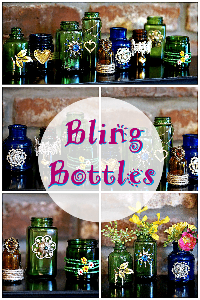 Decorate colored bottles and jars with jewelry to make pretty vases.