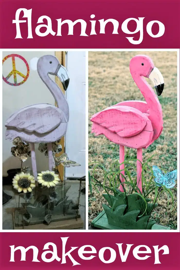 before and after photo painting a wood pink flamingo planter
