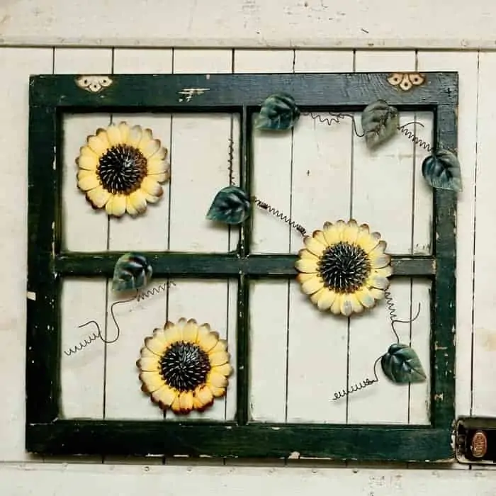 How to make a sunflower window using metal yard art and an old used window frame