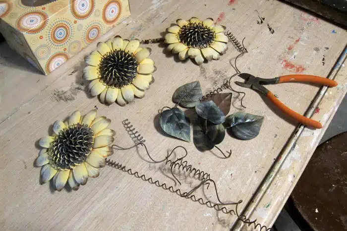 metal sunflower upcycled window art