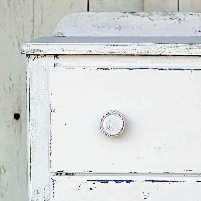 shabby chic white furniture with red and blue distressed paint