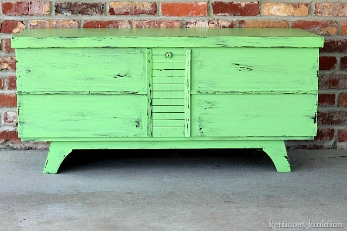 green and black cedar chest distressed using Vaseline paint technique