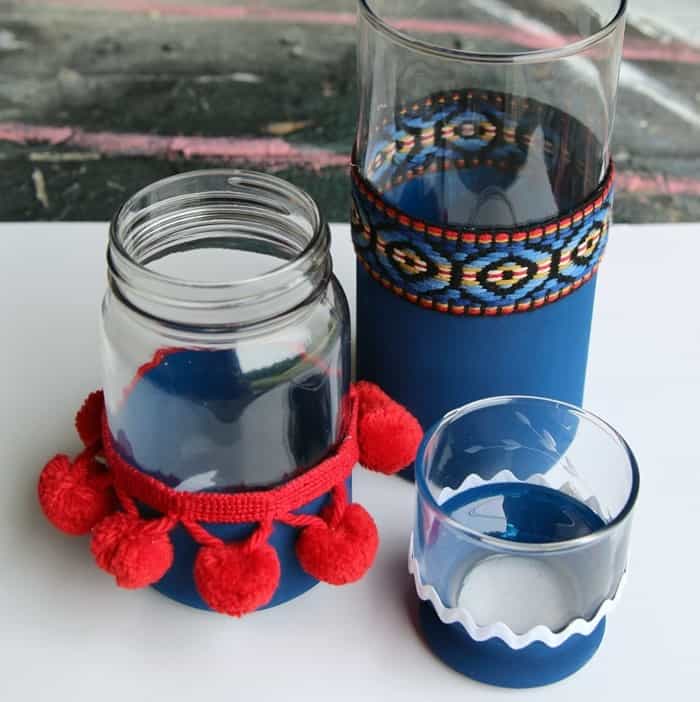 red white and blue jars and vases ready for candles