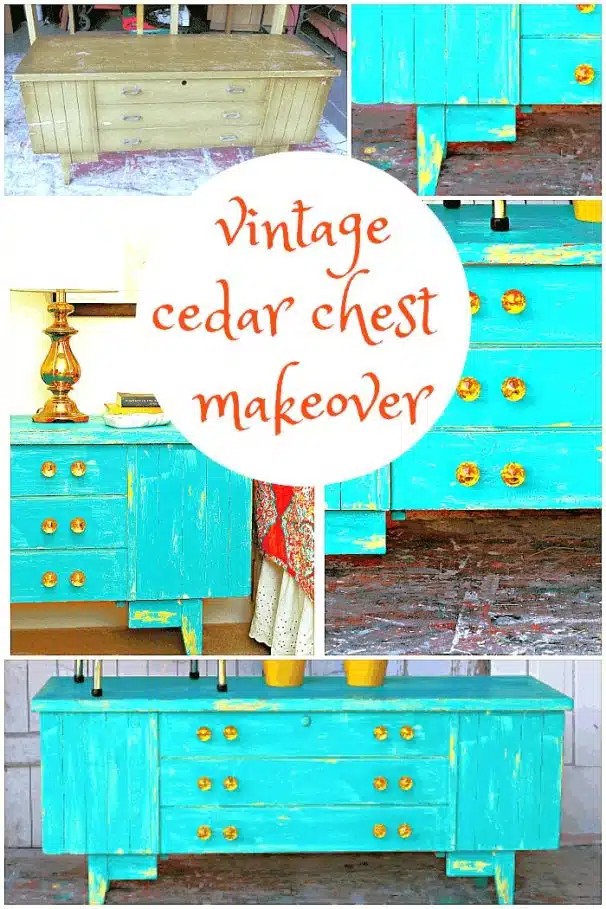 turquoise and yellow vintage cedar chest