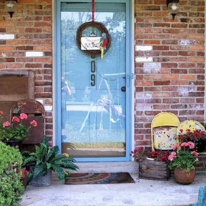 Parrot Head Wreath and painted metal storm door