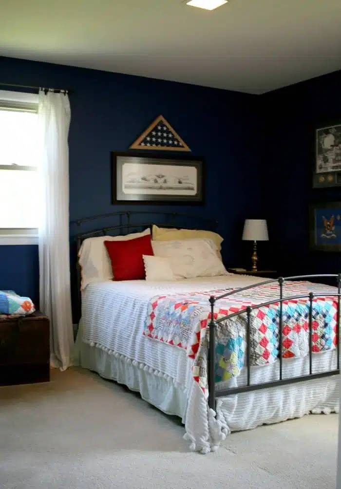 blue bedroom before paint and decor makeover by Petticoat Junktion