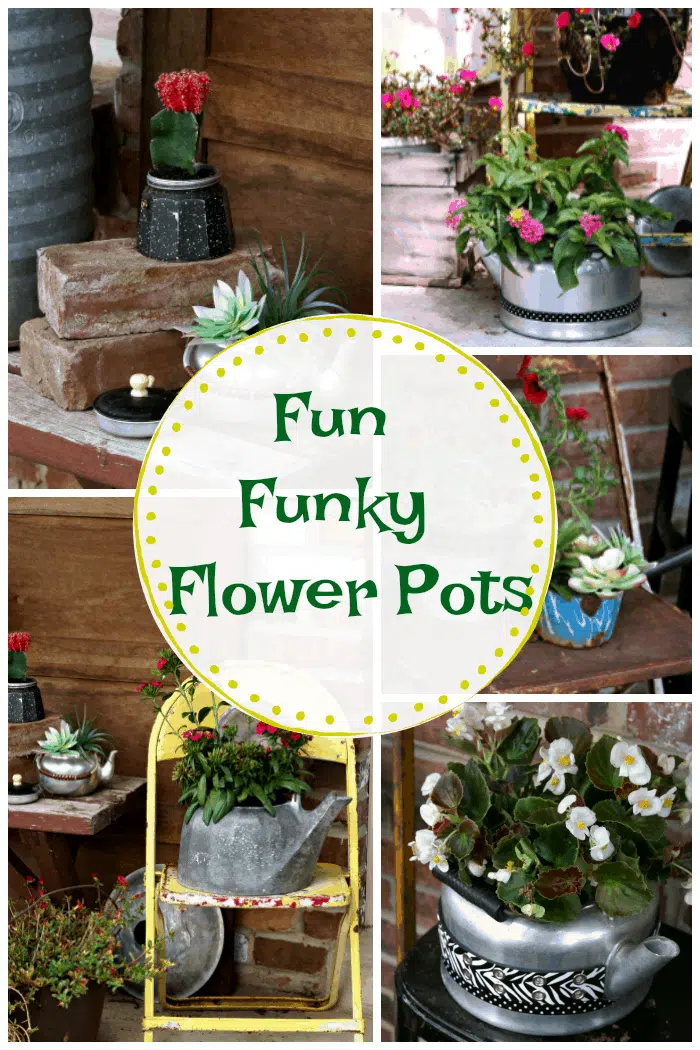 make fun funky flower pots from recycled kitchen ware like tea kettles and pots
