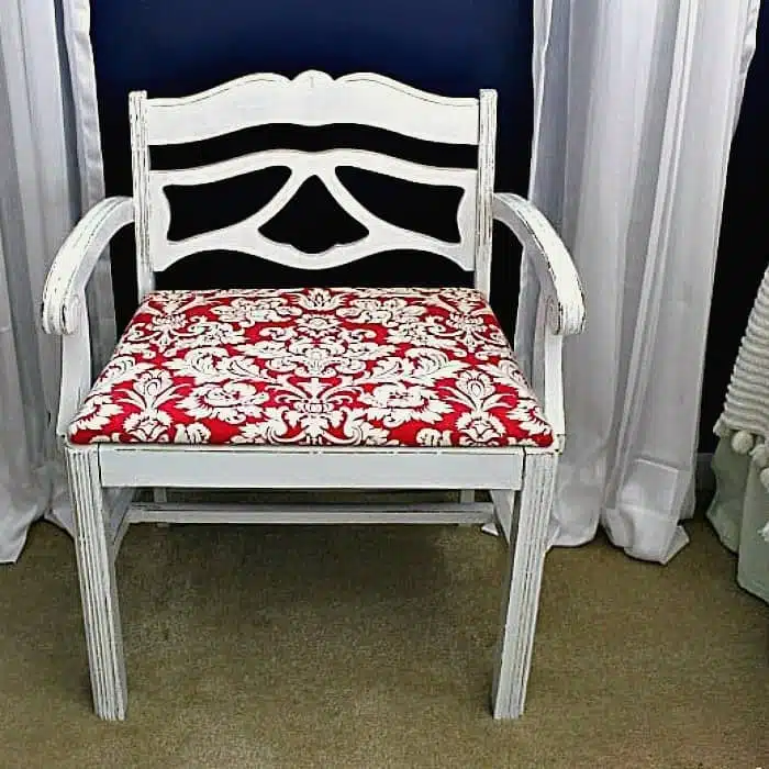 vanity stool makeover before and after with new fabric and paint