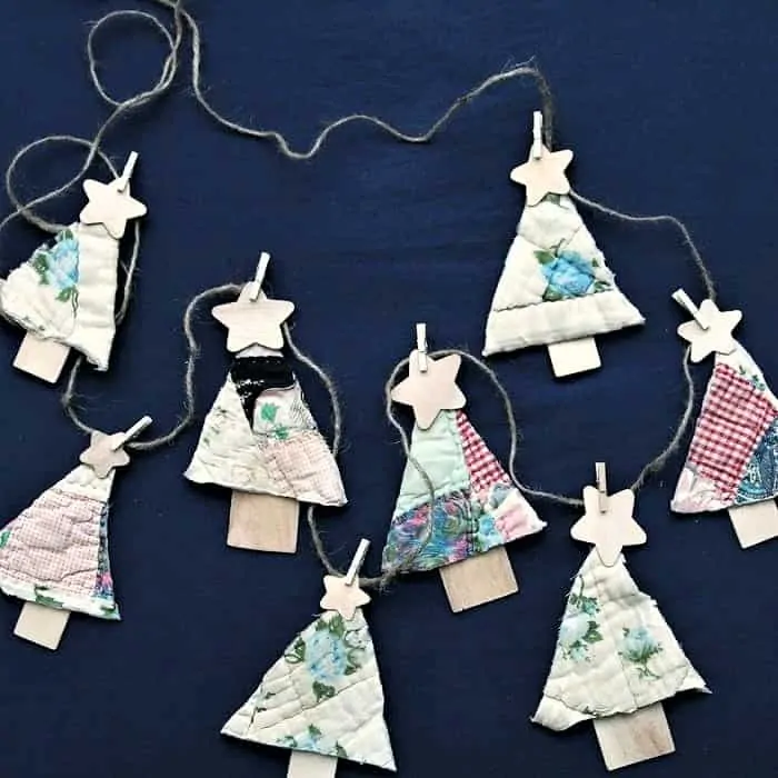Christmas tree ornaments made from a recycled quilt