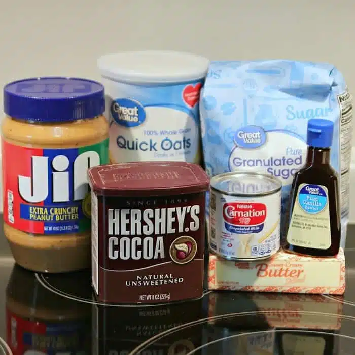 Ingredients to make no bake chocolate oatmeal peanut butter cookies