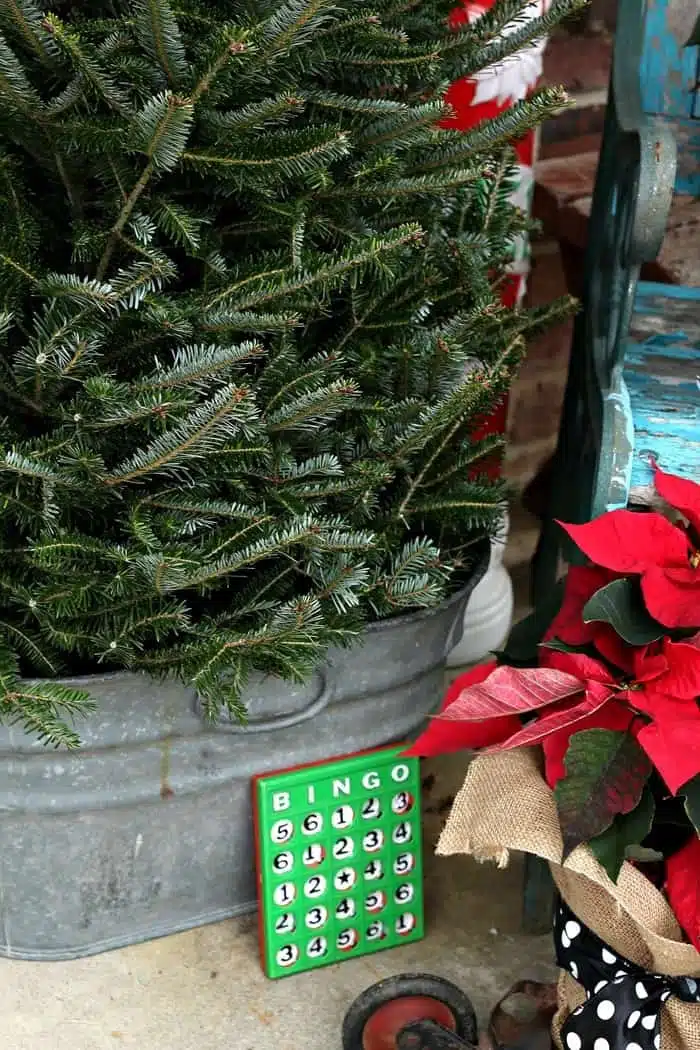 decorating for Christmas with vintage decor and buffalo check plaid ribbon