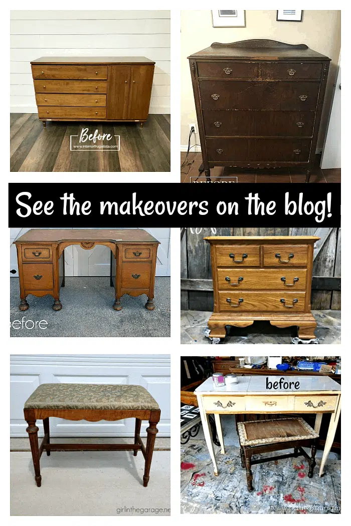 See the furniture makeovers using paint, stencils, and furniture transfers on the blog