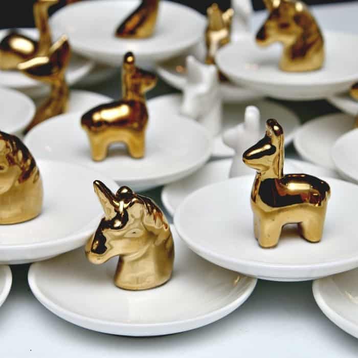 gold tone Unicorn and Llama ring holders from Dollar Tree make great Christmas or birthday gifts