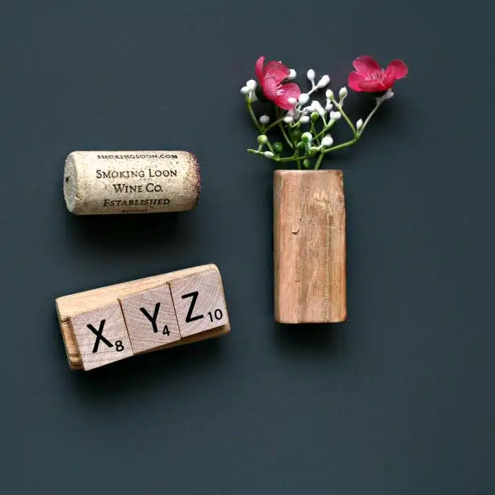 magnets made with scrabble tiles and wine corks
