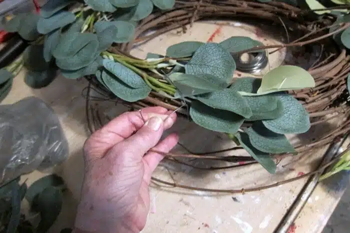 wire a eucalyptus vine to a grapevine wreath