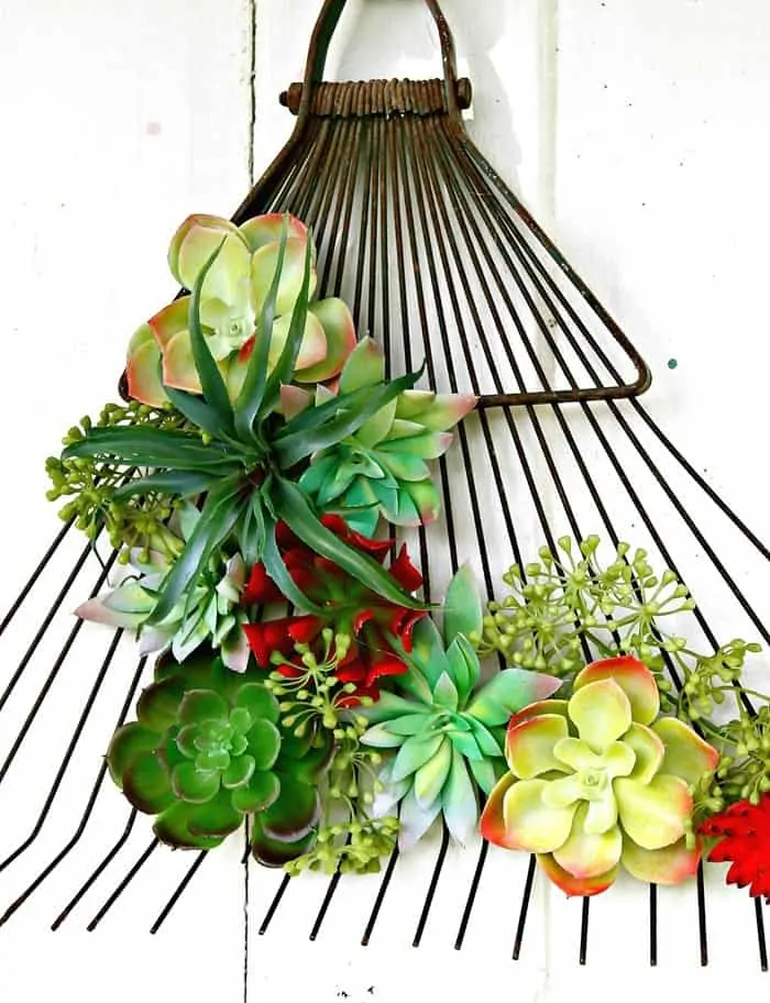 Upcycled Craft Succulent Plant Rake Wreath idea