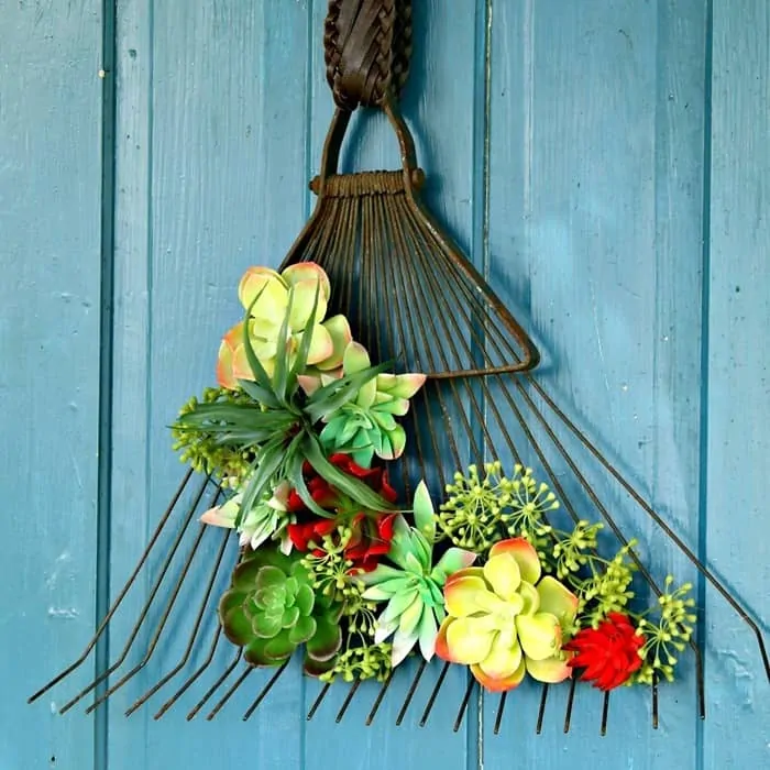 Upcycled Rake Succulent Plant dispaly idea