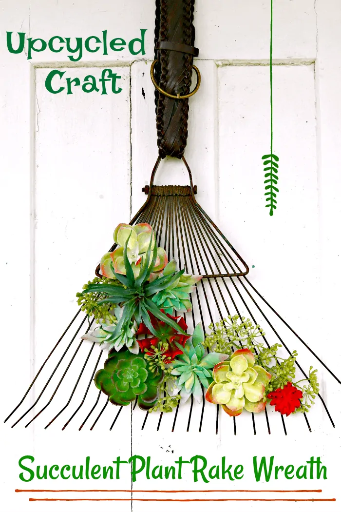 recycle a garden rake into a succulent plant door display or wreath