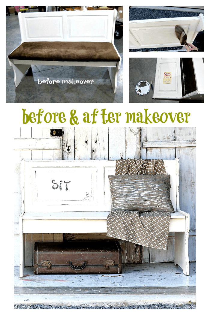 before and after Farmhouse style bench furniture makeover