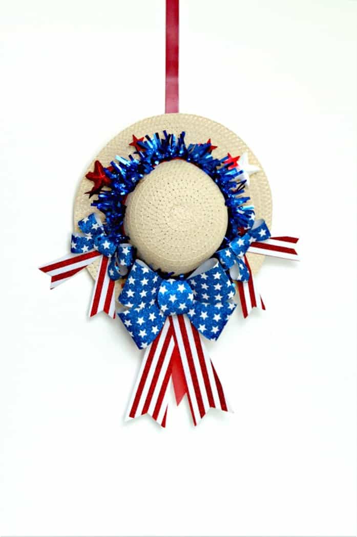 Red White And Blue Summer Hat Wreath Hanging on the door