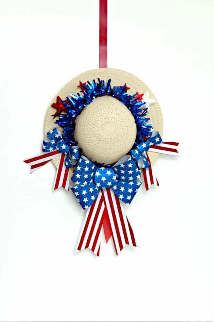 Red White And Blue Summer Hat Wreath Hanging on the door